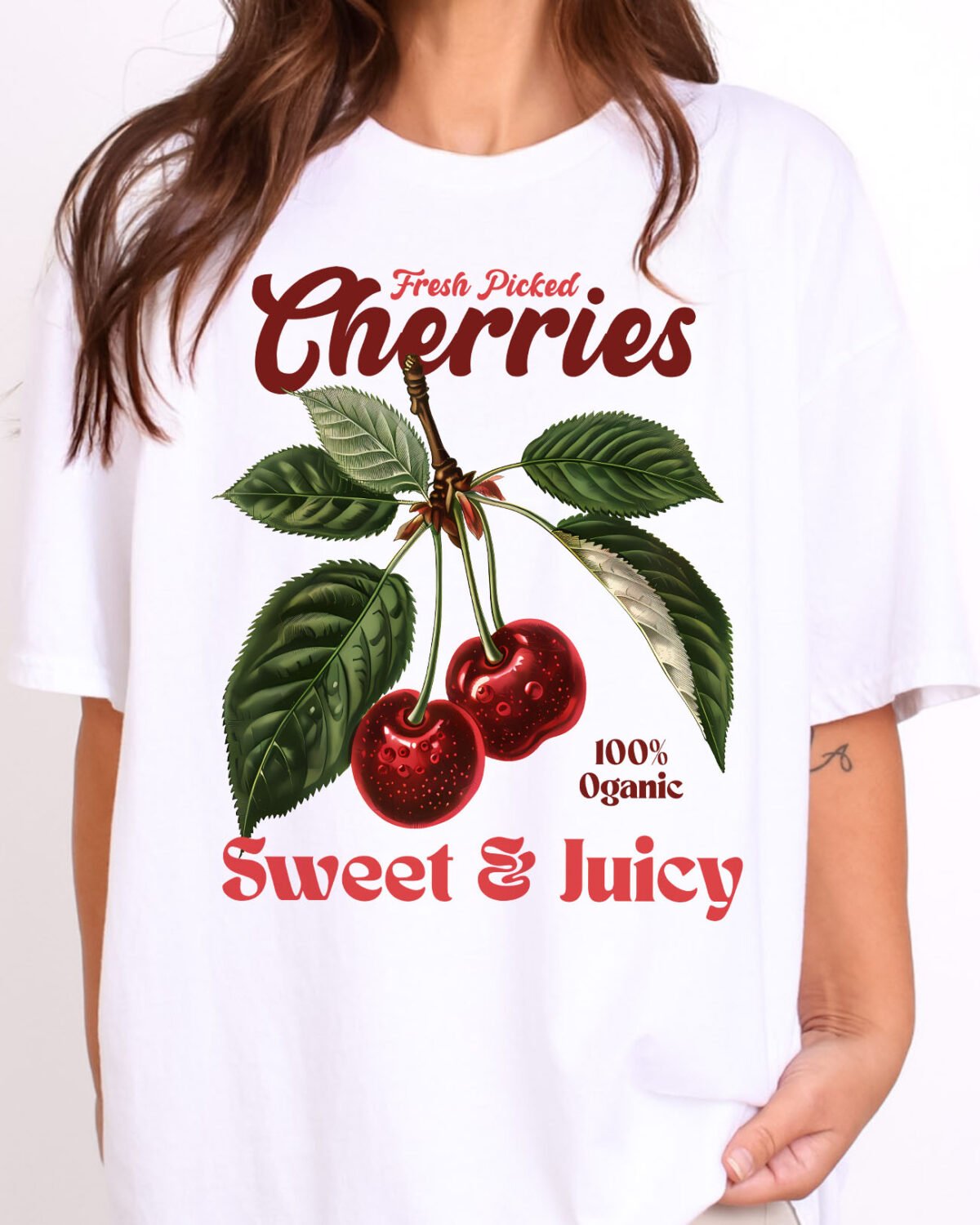 Woman wearing a Retro Graphic Cherries Shirt in White color