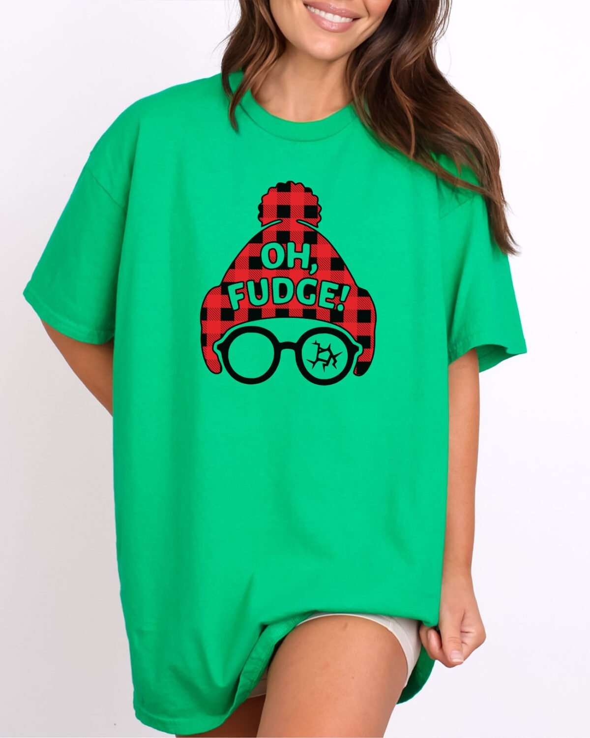 Woman wearing an Oh Fudge Shirt in irish green color