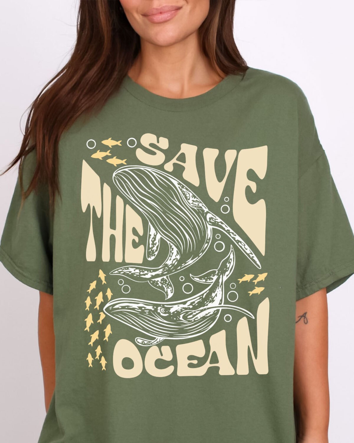 Woman wearing a Save The Ocean shirt in military green color