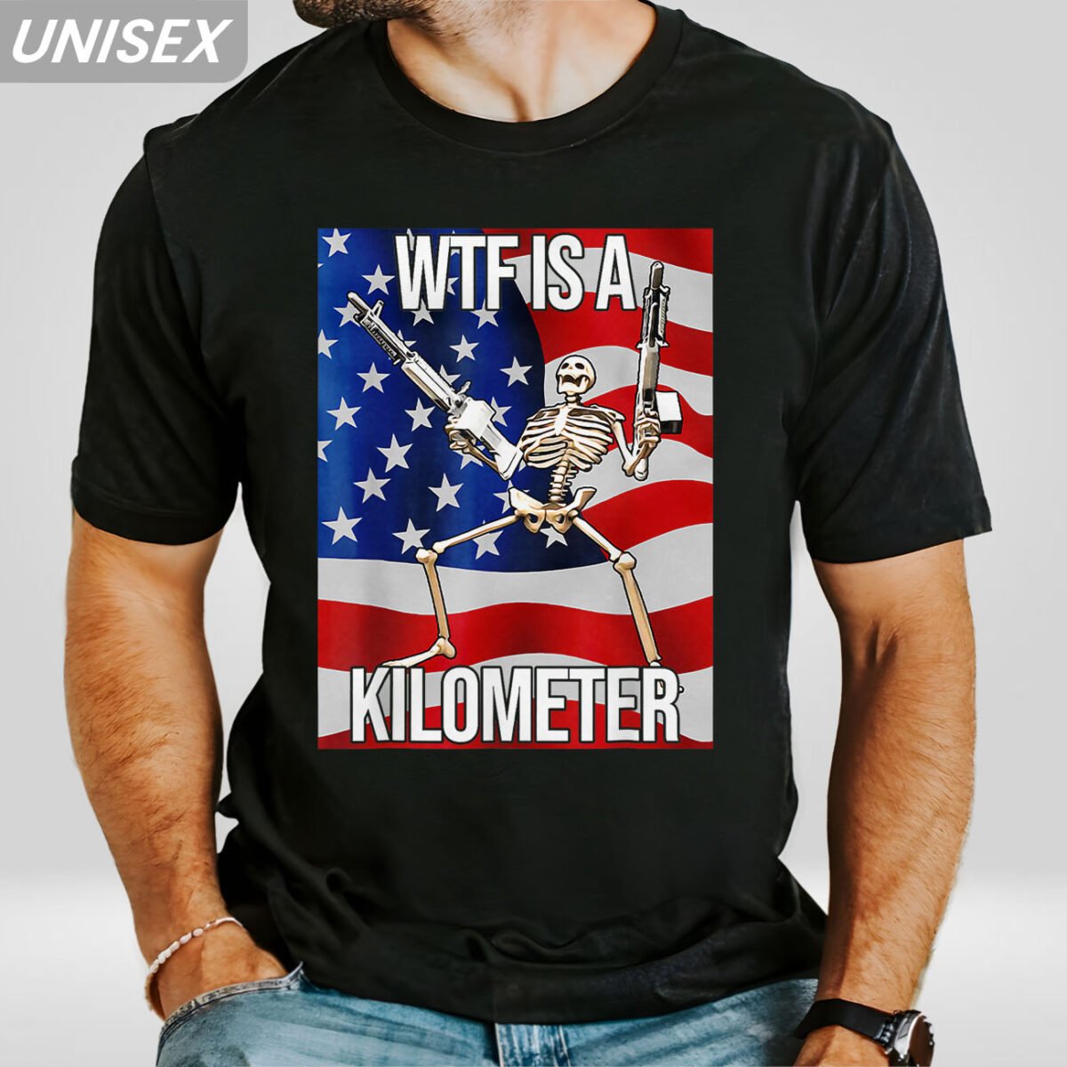 Man wearing a black color "WTF is a kilometer" shirt