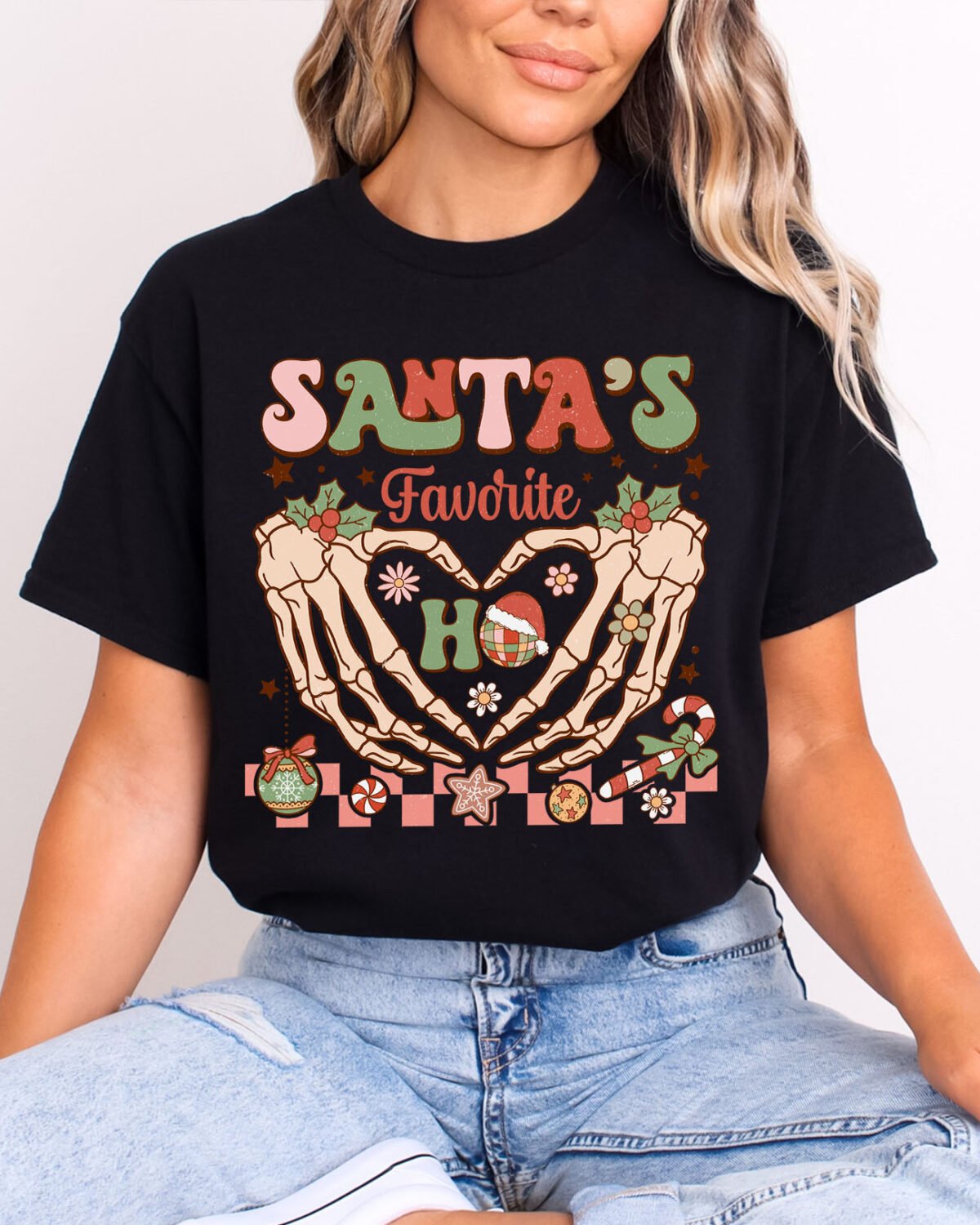 Santa's Favorite Ho shirt in black color, featuring a funny retro christmas graphic on the front